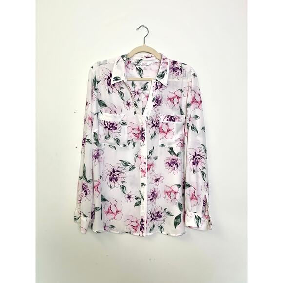 Candies XXL White Pink Purple Floral Button Front Blouse Long Sleeve Top Fall - Picture 1 of 10